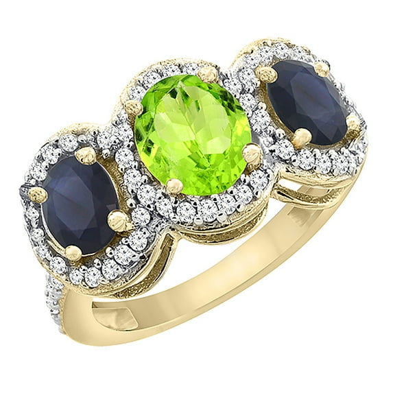 10K Yellow Gold Natural Peridot & HQ Blue Sapphire 3-Stone Ring Oval Diamond Accent, size 6
