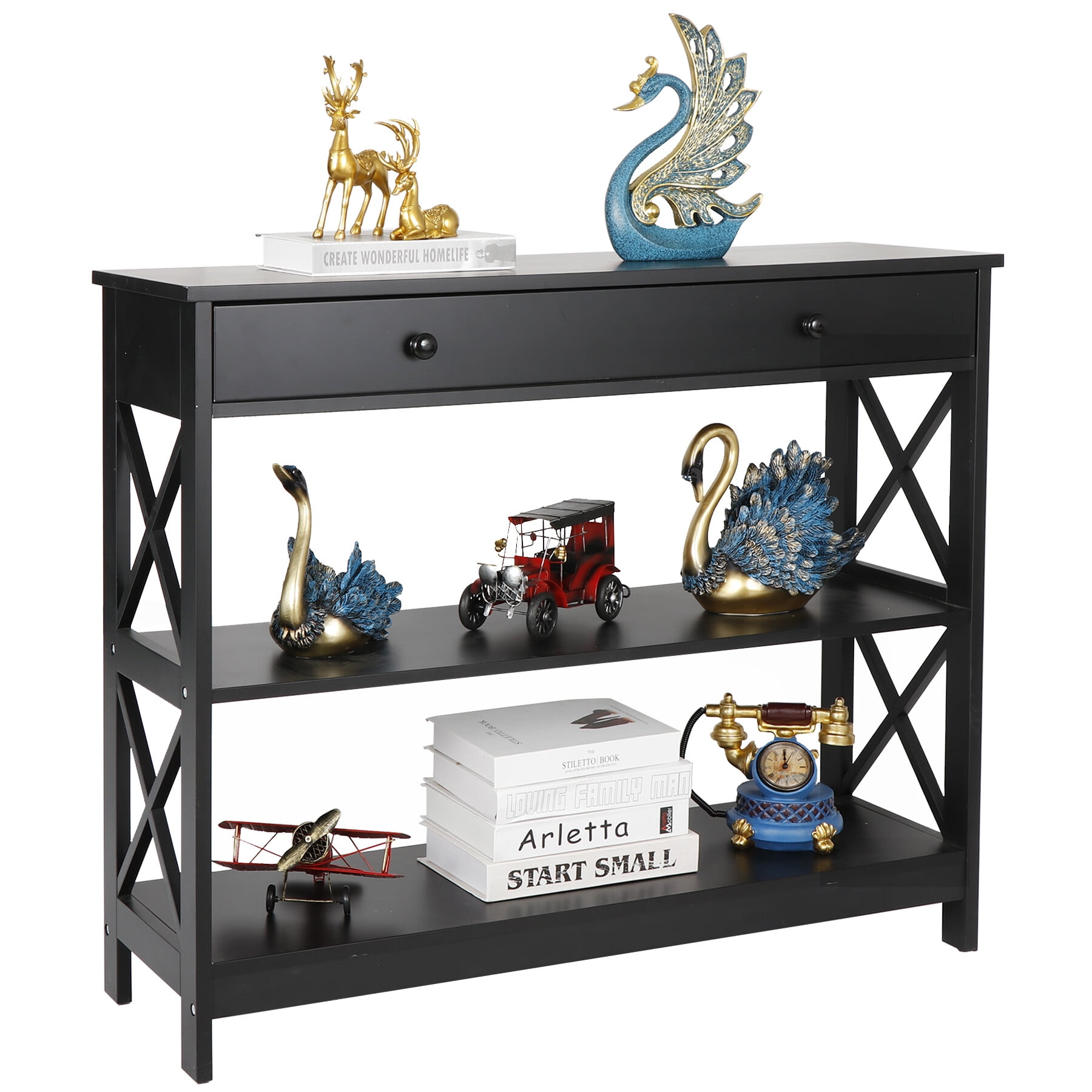 HomGarden 3-Tier Narrow MDF Console Table W/Drawer & Shelves, Modern Sofa Entryway Table, Black