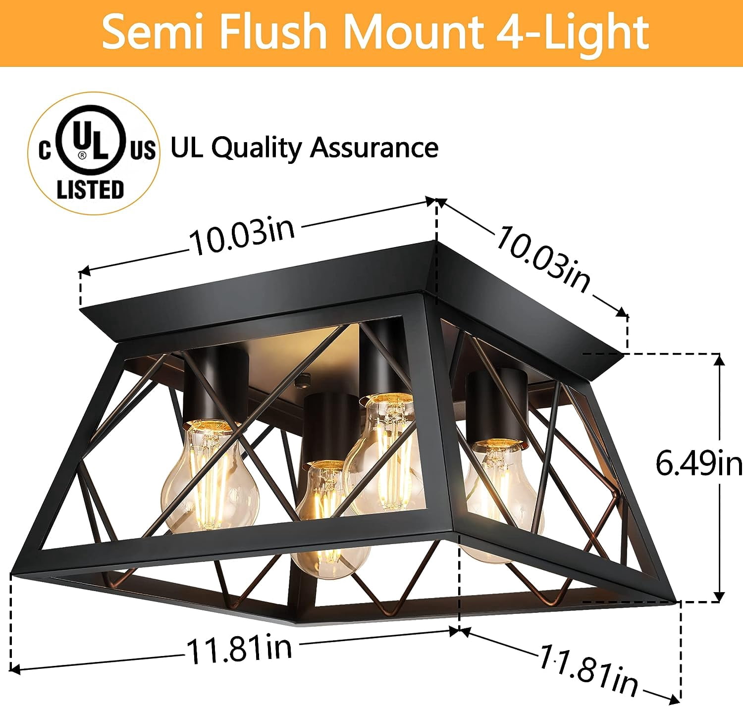 Farmhouse Ceiling Light Semi Flush Mount 4-Light Square Rustic Island Light Fixtures for Entryway Hallway Dining Room Living Room Bedroom