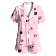 thumbnail image 4 of MEZZALL Women Halloween Satin Pajama Set Lightweight Lapel Collar Tie Front Ruffle Short Sleeve Top Elastic Waist Ruffle Shorts Loungewear Set Pumpkin Print Sleepwear Vacation 2 Piece Pjs, 4 of 4