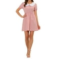 thumbnail image 2 of INSPIRE CHIC Women's Contrast Peter Pan Collar Puff Sleeve Fit and Flare Above Knee Dress XS Pink, 2 of 6
