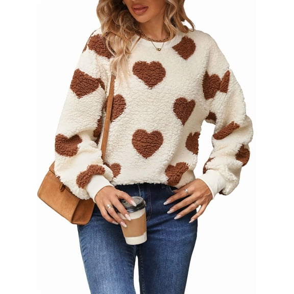 Women'S Plush Heart Print Loose Long Sleeve Round Neck Pullover Sweatshirt Fall Winter Outfits Khaki Love XXL