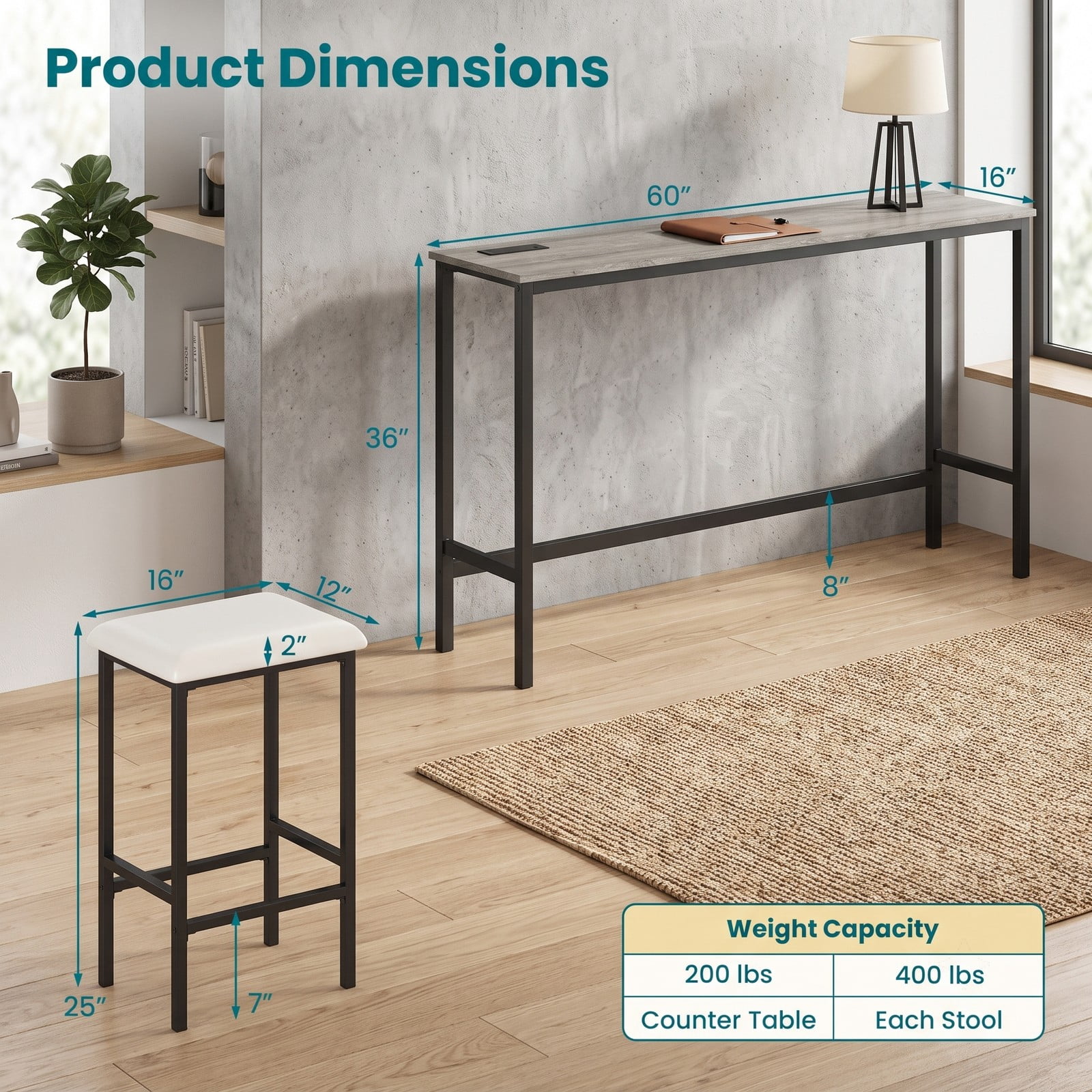 Furnibear 4-Piece Counter Height Bar Table Set with Power Outlet & USB Ports, 60" Pub Dining Table with 3 Padded Backless Stools, Space-Saving Kitchen Breakfast, Gray