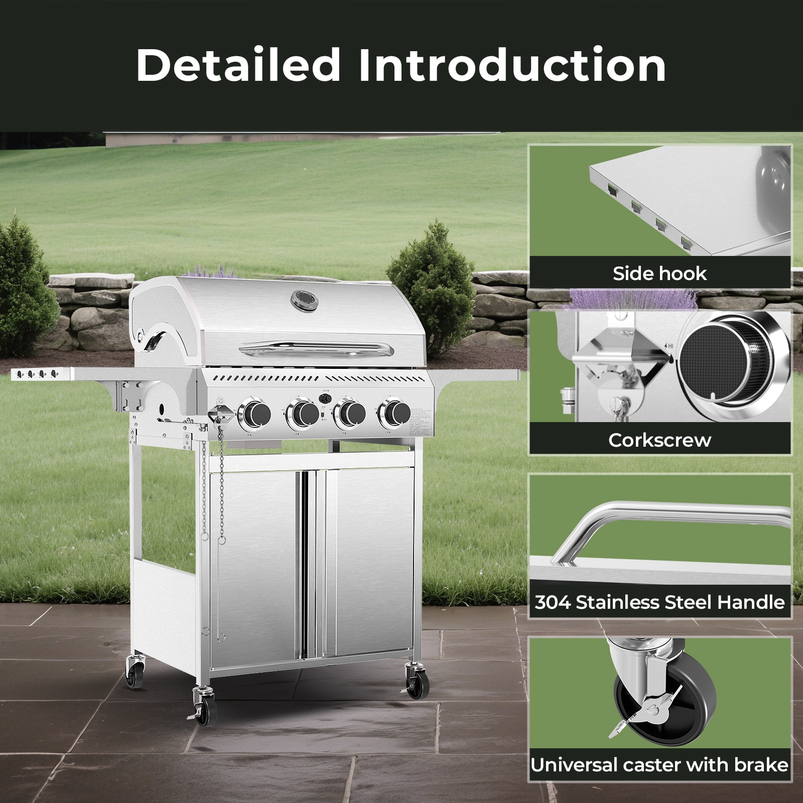 WAA 4-Burner BBQ Propane Gas Grill,32000 BTU Outside Stainless Steel Barbecue Propane Grill,Ideal for Outdoor Cooking Camping Park Balcony