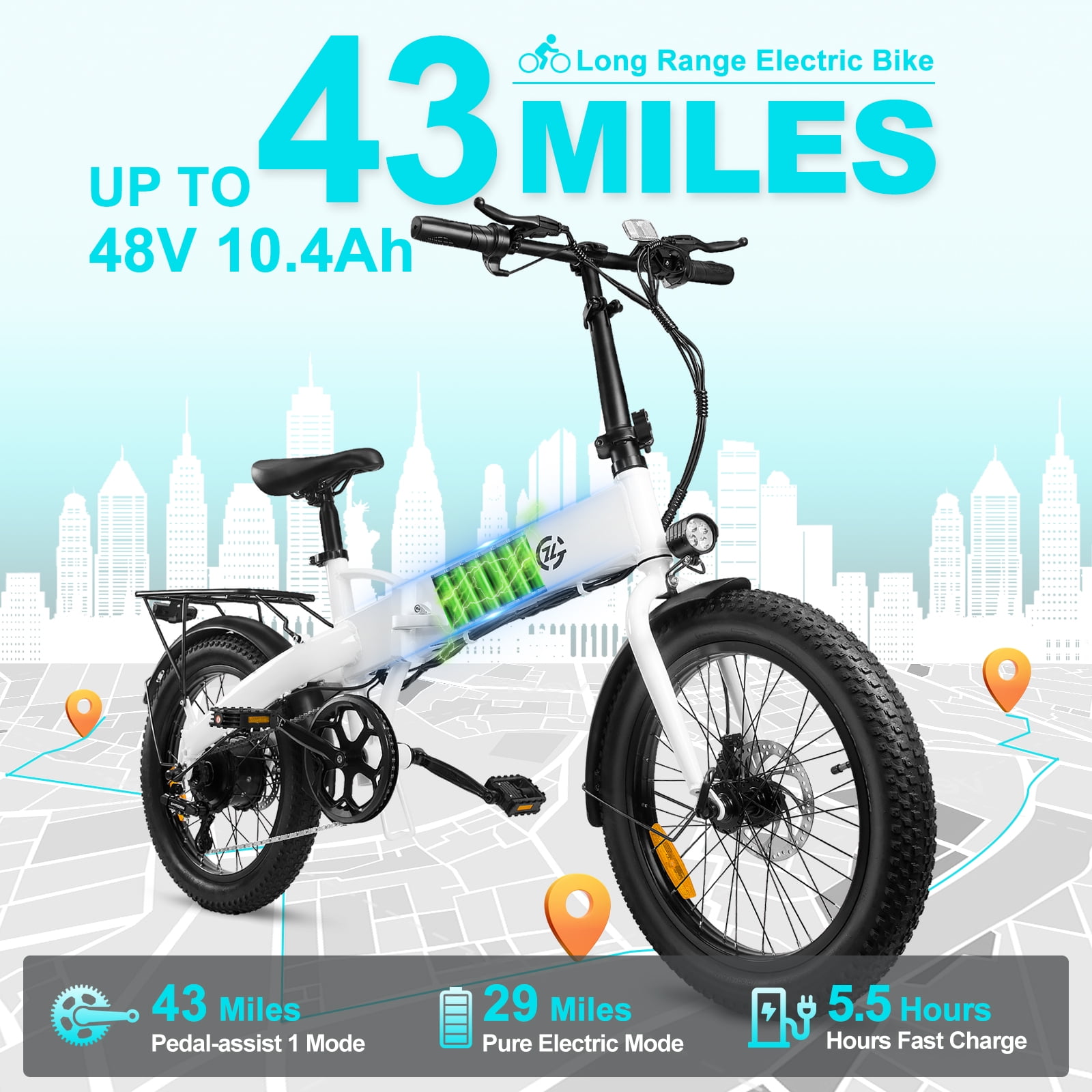 Zoonlai Electric Bike for Adults,750W Motor Foldable 48V 10.4Ah Removable Battery,20" Fat Tire,City Urban Commuting Bicycles,UL2849