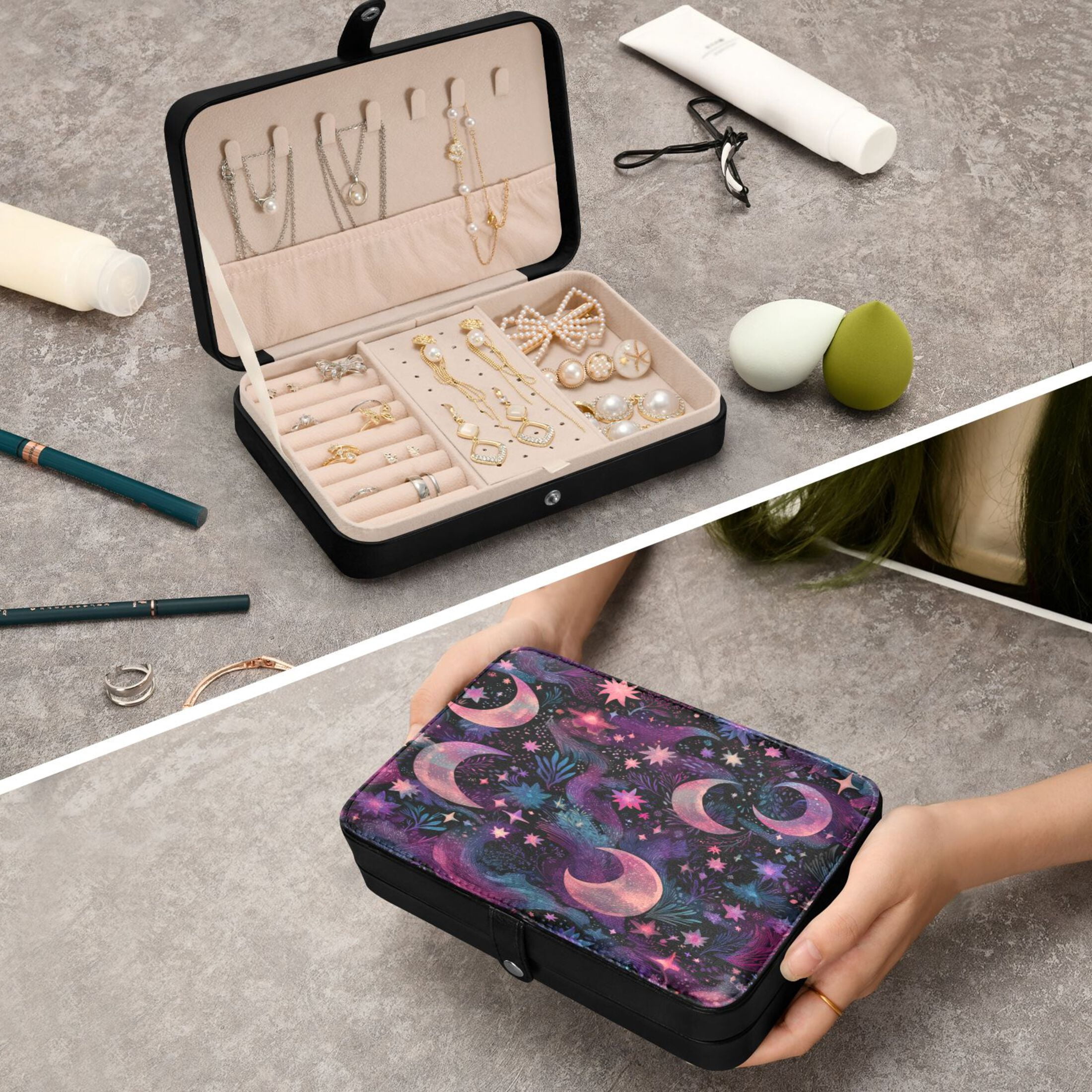 Leather Jewelry Box Rectangular 8.27x5.5x1.78In Travel Jewelry Storage Earrings Necklace Bracelet Watch Brooch Storage Purple Moon