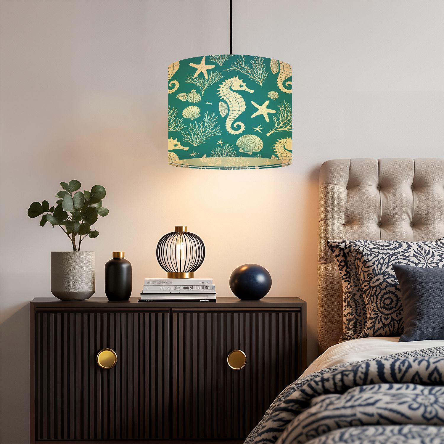 Linen Drum Lampshades Marine hand drawn sea shells stars seahorse coral for textiles 13"x13"x10" Light Shade for Table Lamps Floor Lamps Drum Lamp Shades Lampshade Replacement Assembly Required