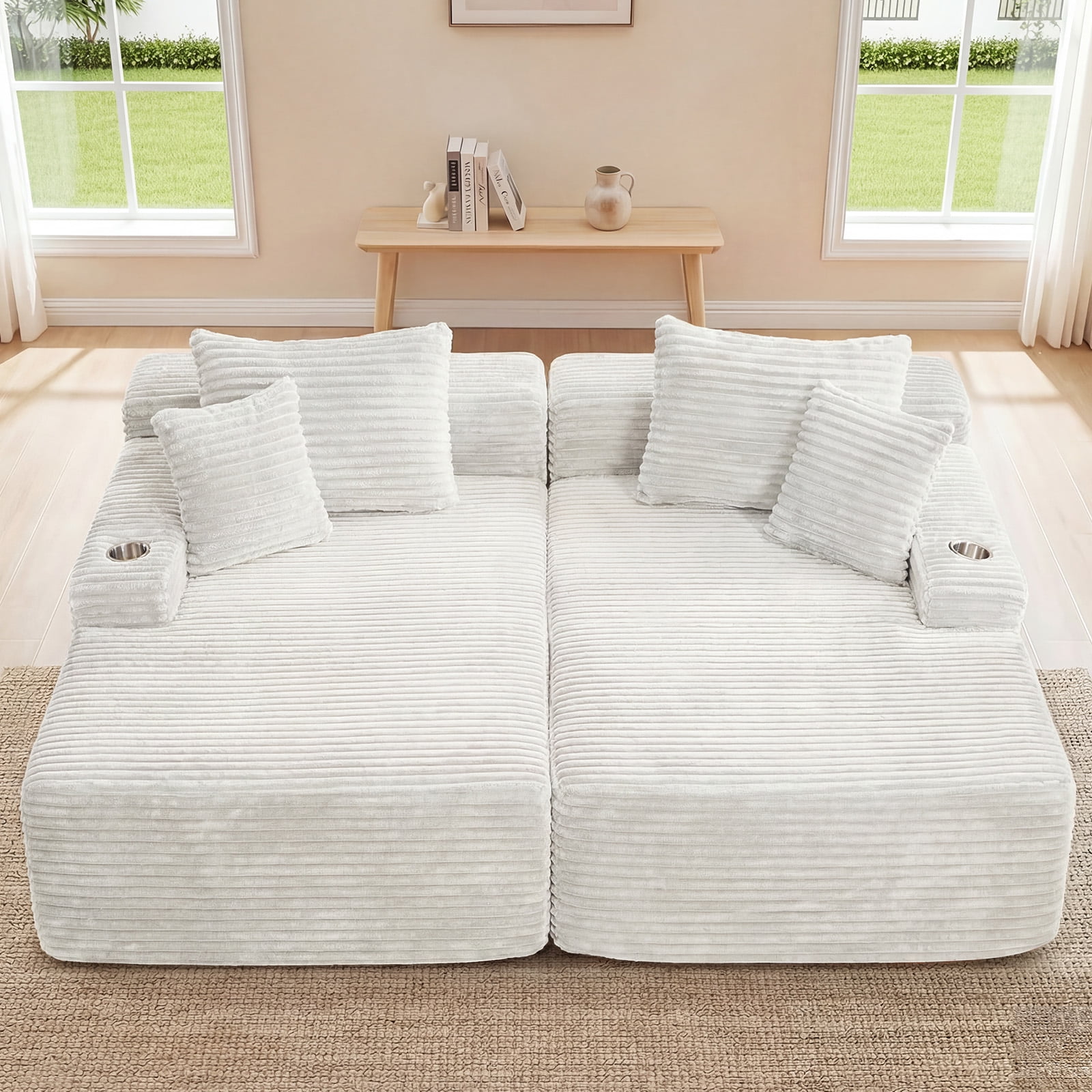 IPKIG 85" Oversized Double Chaise Sofa Bed, Corduroy Upholstered Boneless Cloud Sleeper Loveseat with No Assembly Required in Beige