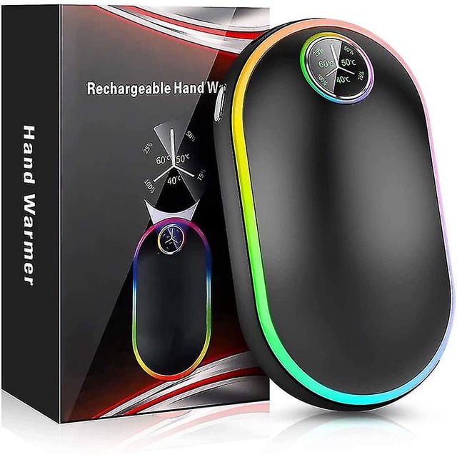 Calentadores de manos de 10000 mah recargables con luces, 3 niveles de calor ajustables, calentador portátil de doble cara de larga duración y calentamiento rápido, regalos de invierno 1pc-blac