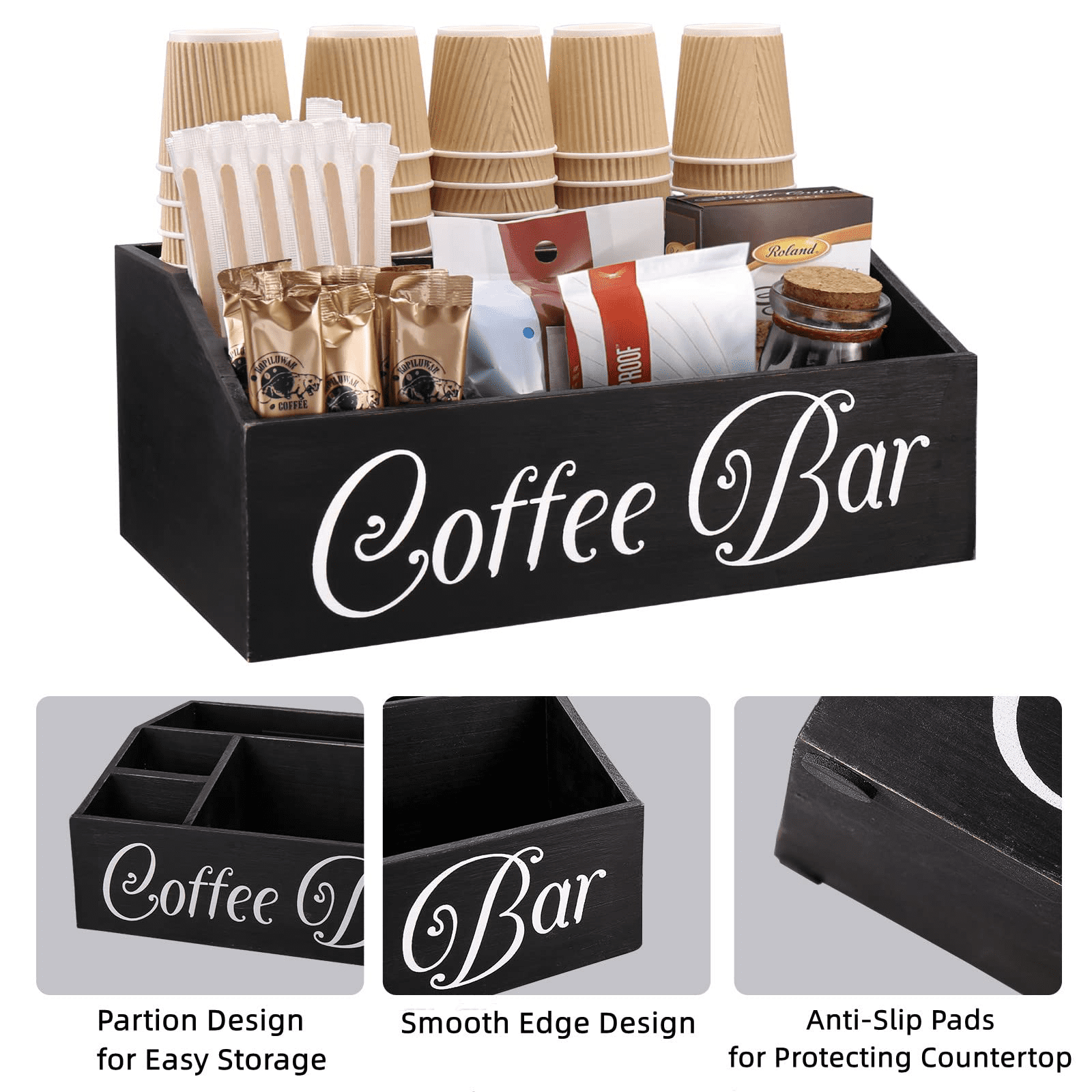 Lzhevsk Coffee Station Organizer, Wooden Coffee Bar Accessories Organizer for Counter, Farmhouse Kcup Coffee Pod Holder Storage Basket W