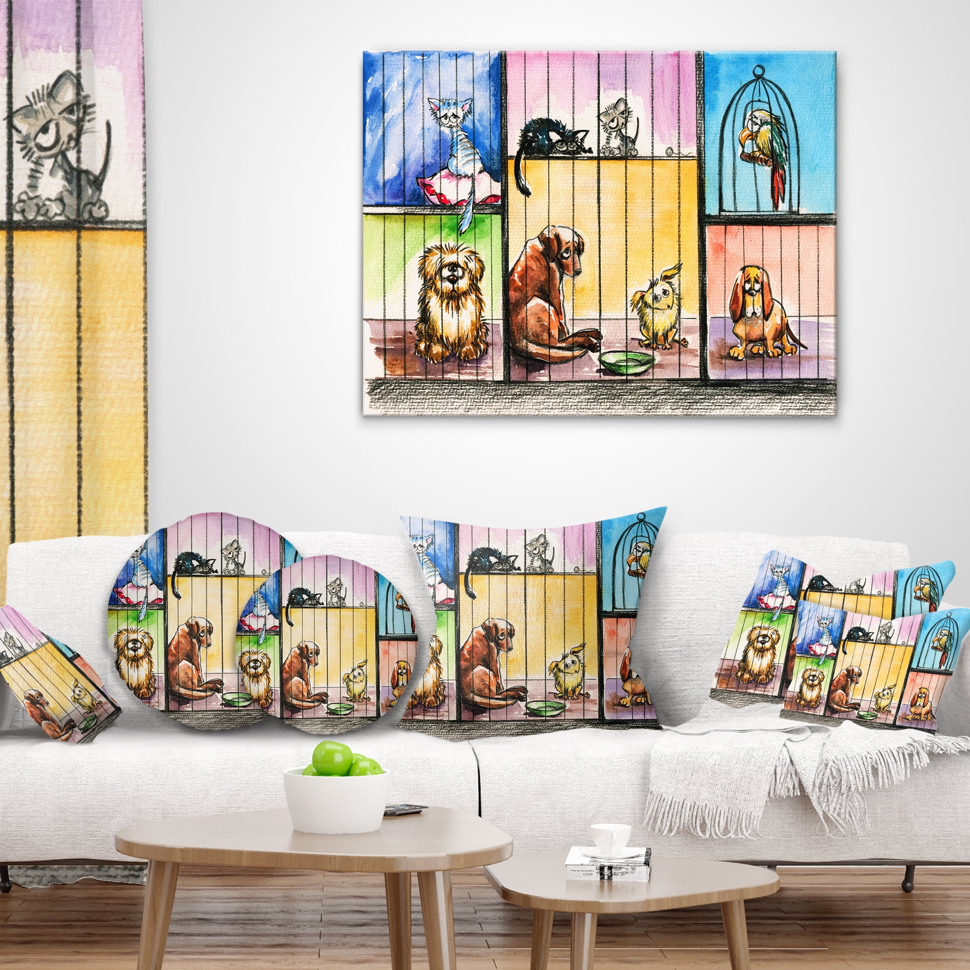 Designart Sad Animals in the Pound - Abstract Throw Pillow - 16x16