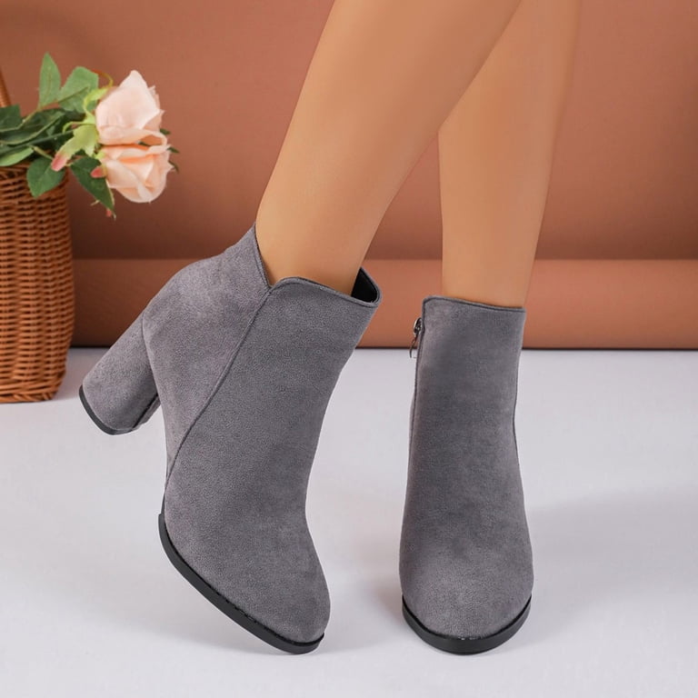 ladies gray dress boots BONIXOOM Women's Ankle Booties, Soft Short Boots Round Toe Side Zip Chunky  Heel Ankle Boots Beige 6