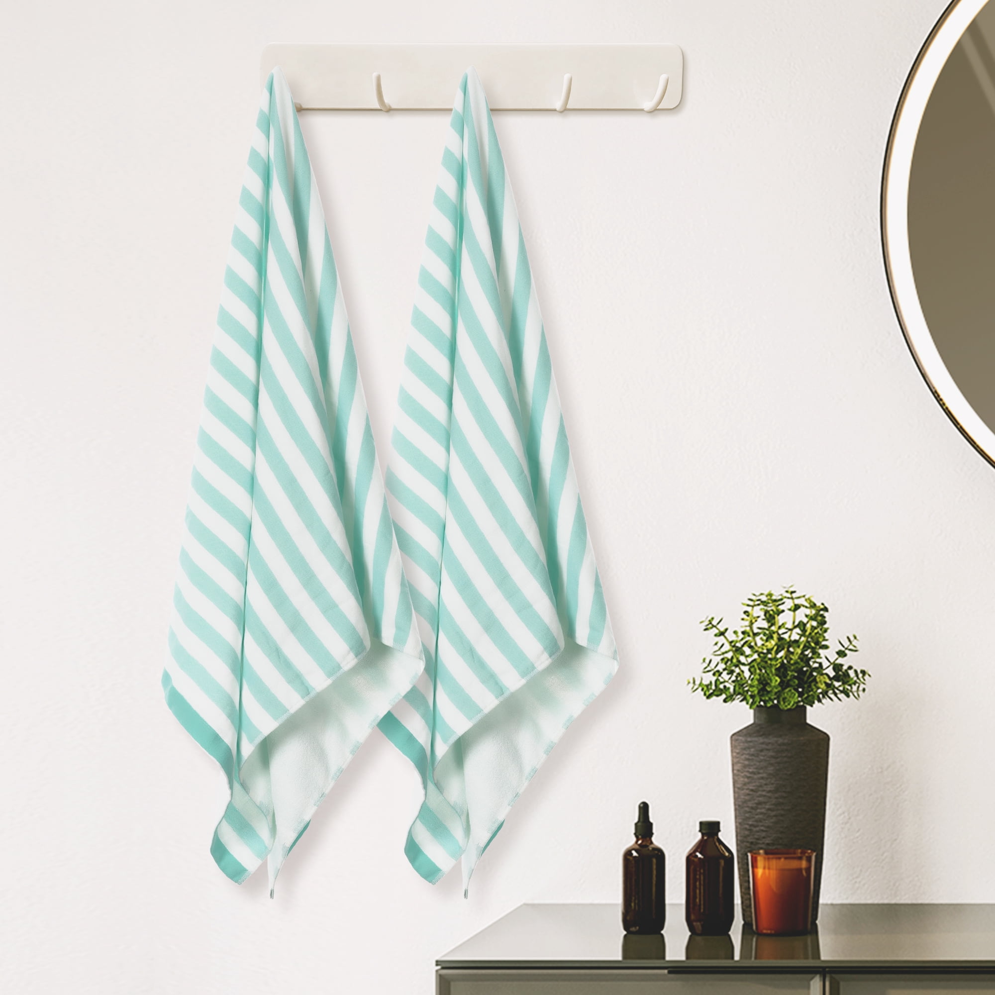 Unique Bargains Stripe 2 Pack Bath Towels Set Cotton Lightweight Towels for Bathroom Green 28" x 56"