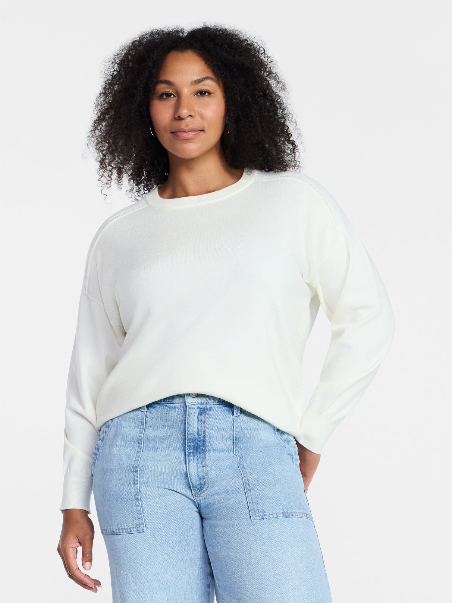 Time and Tru Women's Crewneck Sweater with Long Sleeves, Lightweight, Sizes XS-XXXL