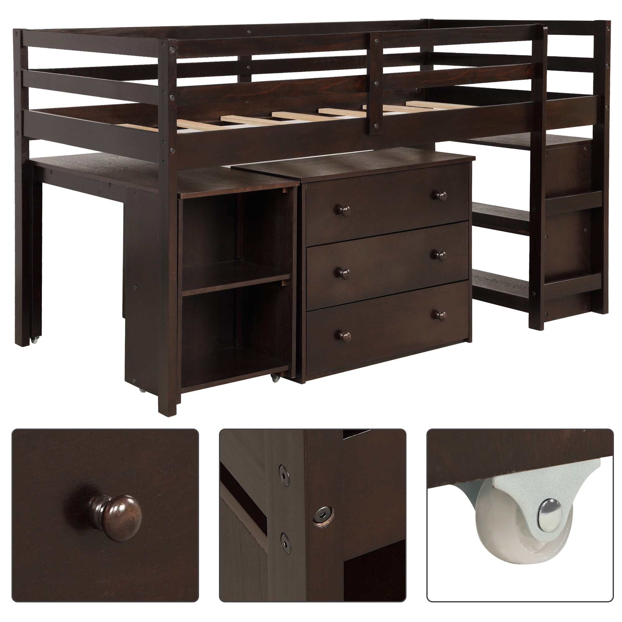 Kepooman Twin Size Low Study Loft Bed with Cabinet & Rolling Desk for Bedroom, Espresso Kepooman Twin Size Low Study Loft Bed with Cabinet & Rolling Desk for Bedroom, Espresso
