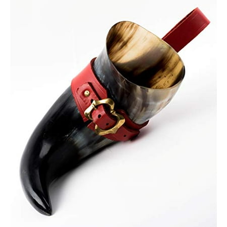 Mythrojan THE LOYAL SOLDIER - Viking Drinking Horn with Red Leather holder Authentic Medieval Inspired Viking Wine/Mead Mug – Polished