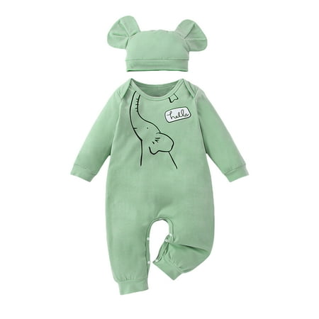 

Meihuida Toddler Baby 2Pcs Fall Outfits Long Sleeve Elephant Print Romper + Beanie Hat Set