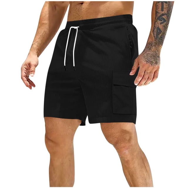 Mens Pantalones Cortos Cintura Elástica con Bolsillos Color Sólido Corduroy Ropa de Trabajo Casual Pantalones Cortos, Corduroy