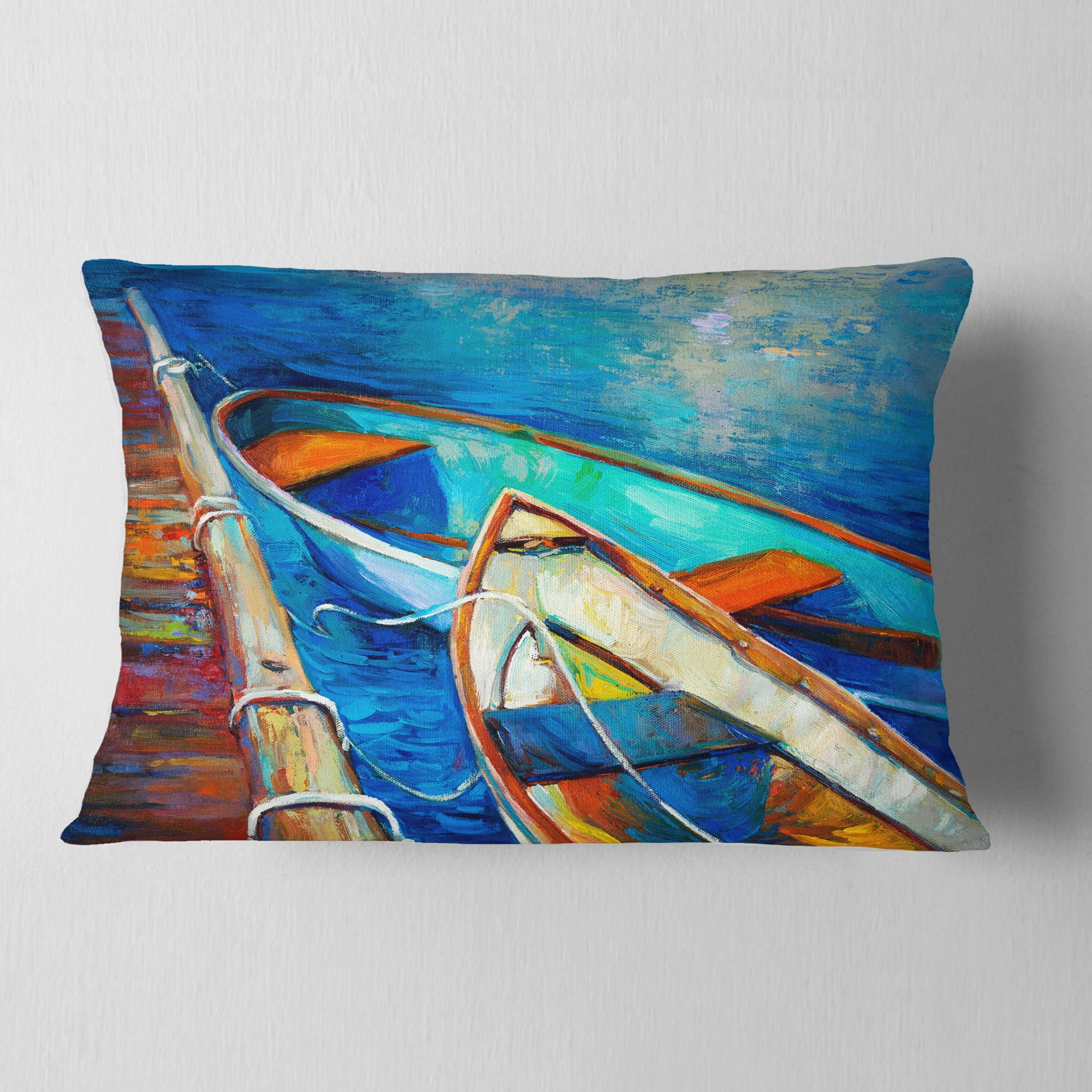 Designart Boats and Pier in Blue Shade - Seascape Throw Pillow - 12x20