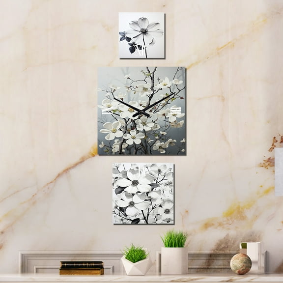 Designart "Calm Monochrome Dogwood" Dogwood Oversized Wall Clock - Set Of 3 - Extra large Traditional Clock For Office Décor - Large Vertical Clock
