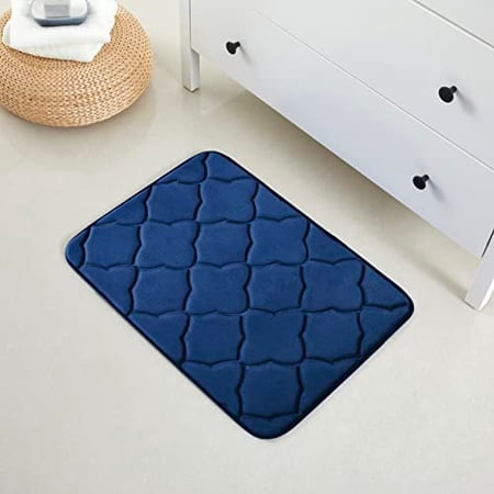 Geometric Design Embossed Solid Color Memory Foam Soft Bathroom Rug Non-Slip PVC Backing (Navy, 17" X 24")