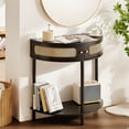 thumbnail image 3 of KFFKFF Semi-Circle Rattan Accent Table with Dual Drawers, Entryway Rattan Table Featuring Sliding Natural Rattan Door, Storage-Friendly Table for Lounge, Study, Foyer, or Media Wall, in Black, 3 of 9
