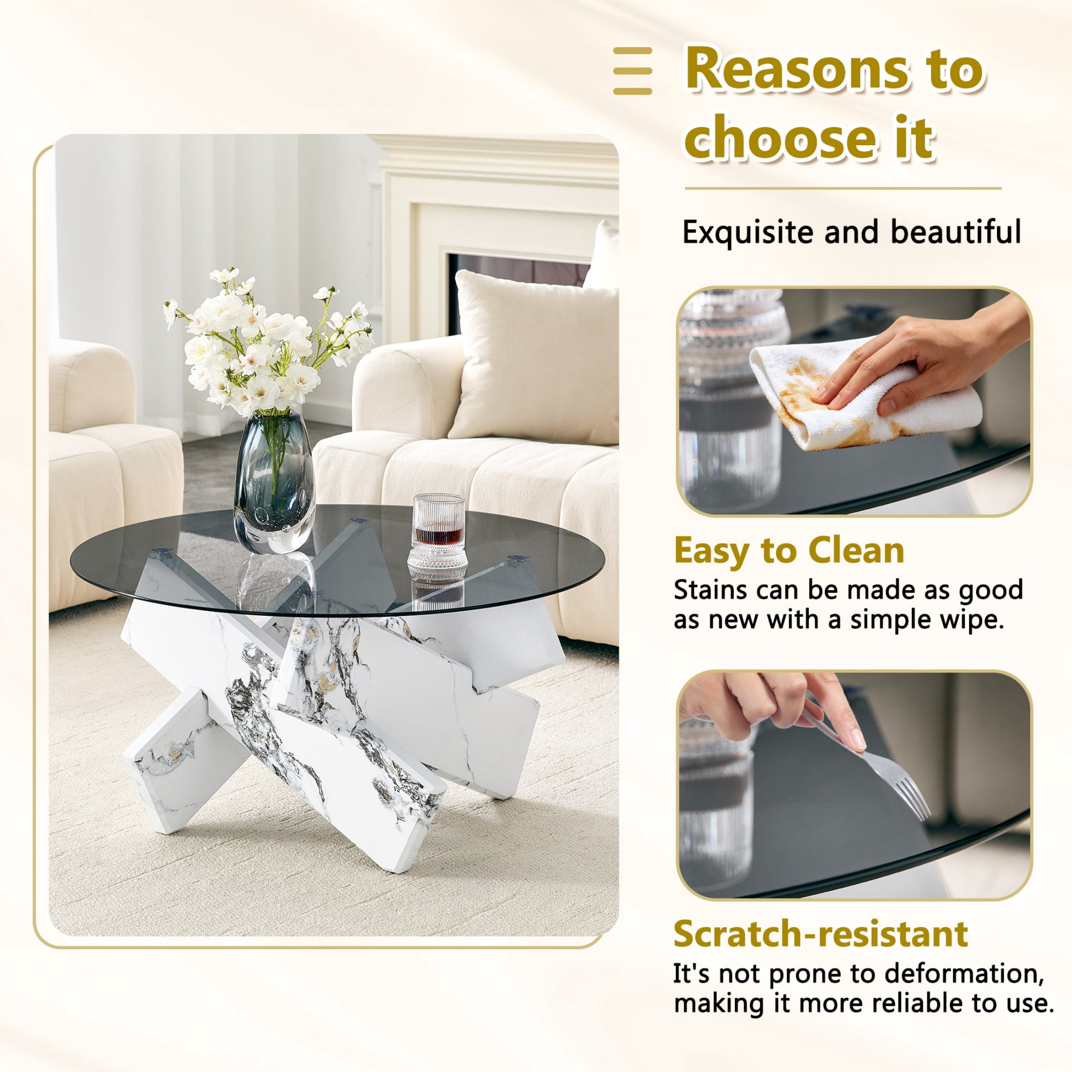 Vinform Round Coffee Table for Living Room, Gray Glass, White