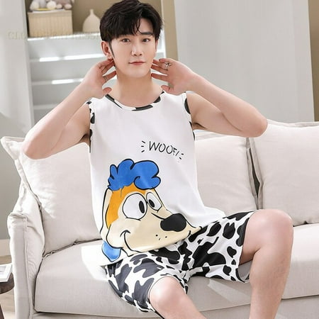 

QWZNDZGR Summer Knitted Cotton Cartoon Duck Mens Pajama Sets Men s Sleep&Lounge Sleeveless Shorts Pants Couple Pajamas Fashion Homewear
