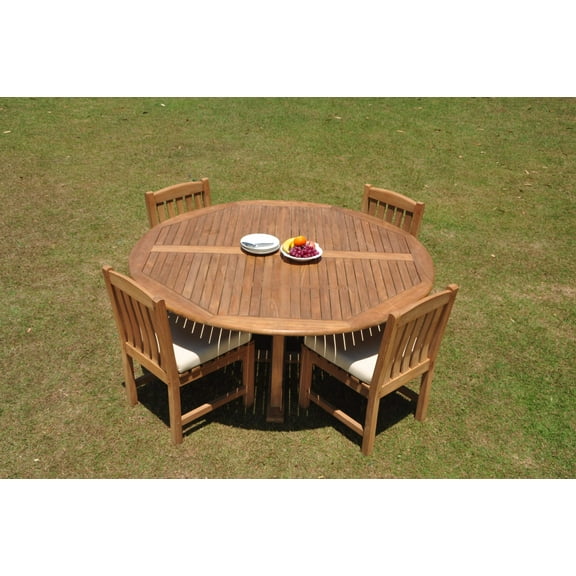 Grade-A Teak Dining Set: 4 Seater 5 Pc: 72" Round Table And 4 Devon Armless Chairs Outdoor Patio WholesaleTeak #WMDV68
