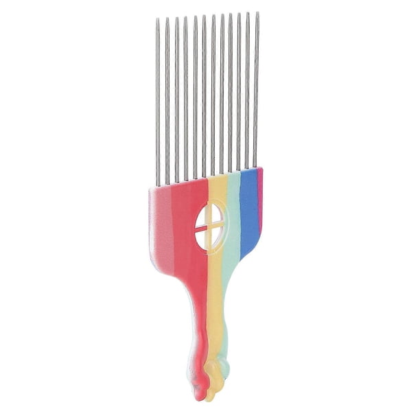 Peine afro metálico con mango ergonómico y acabado arcoíris para uso en salones de belleza y en el hogar.