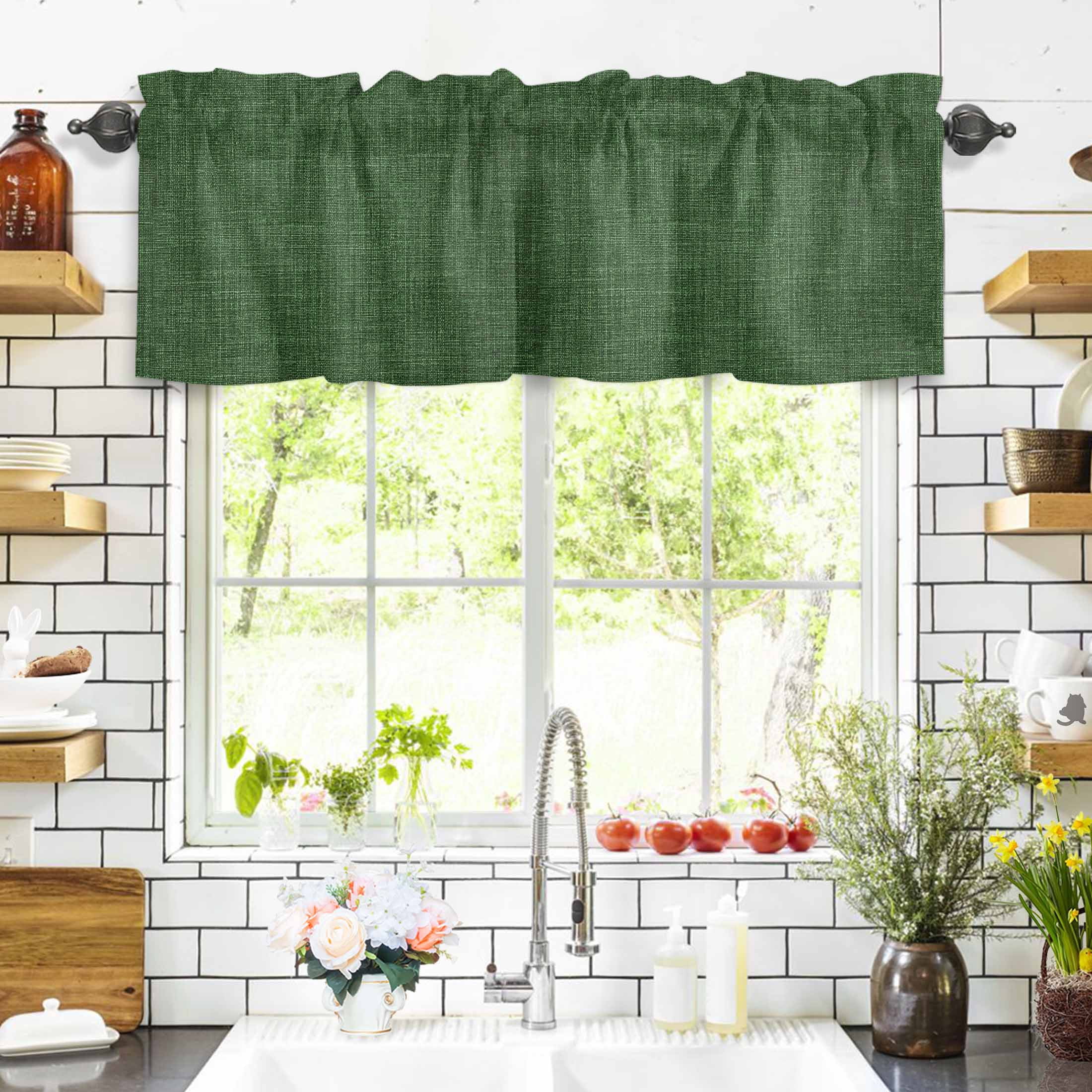 Vintage Dark Valances for Windows Green Linen Texture Farmhouse Rod Pocket Curtain Valance Window Treatment Short Curtains for Kitchen Living Room, 60"x18"