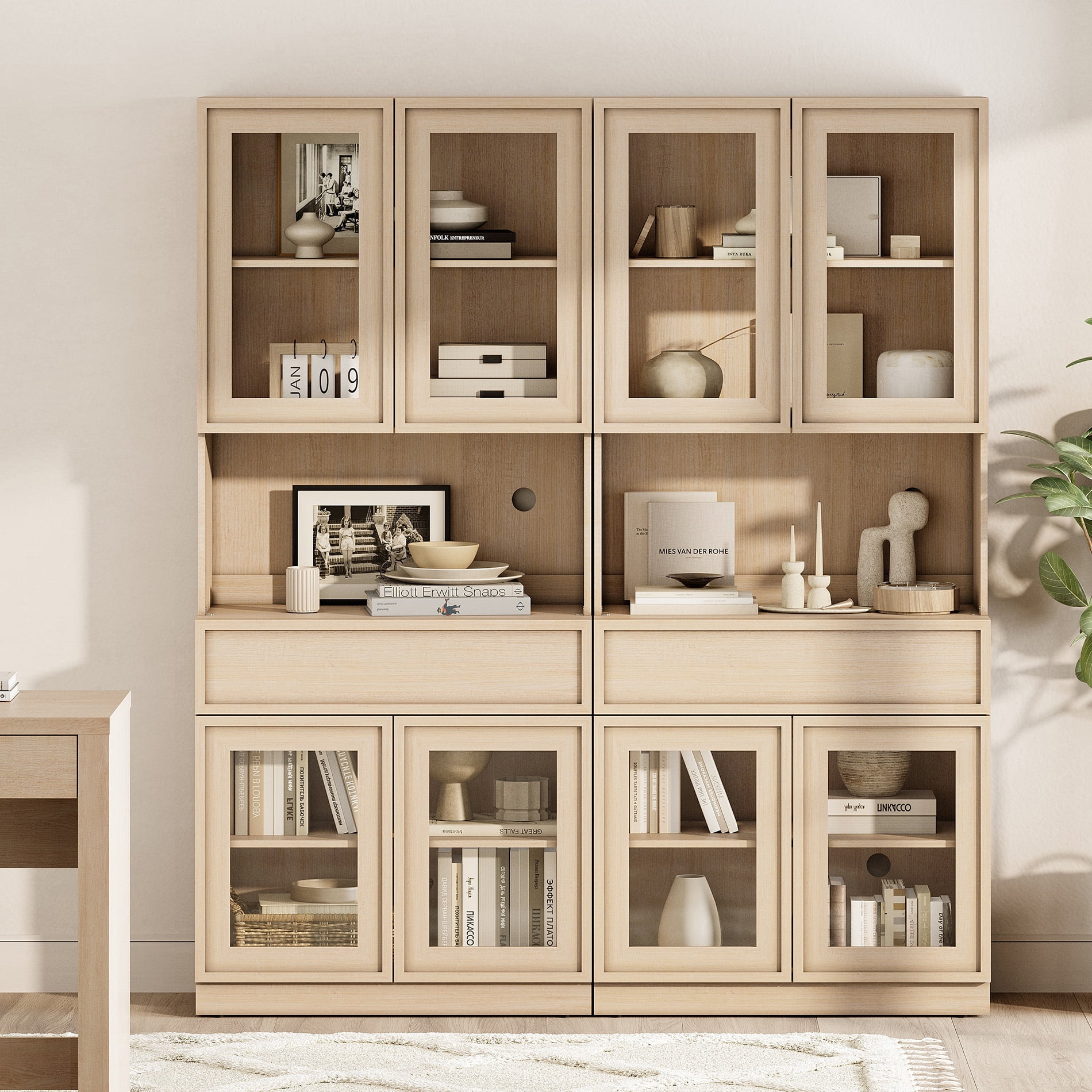Modern 72" Tall Bookshelf with Glass Doors, Drawers & Adjustable Shelves,Storage Cabinet and Glass Display Shelves,Beige