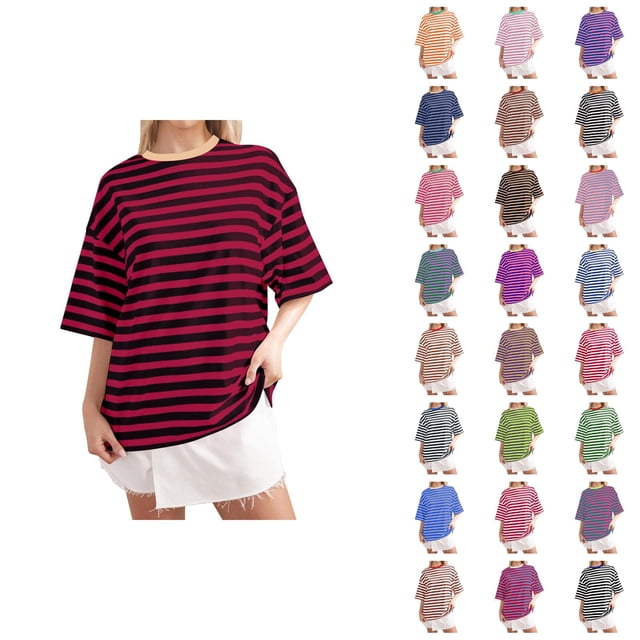 T-shirt Rayé pour Femmes 2026 Été Tendance Manches Courtes Col Rond Confortable Léger