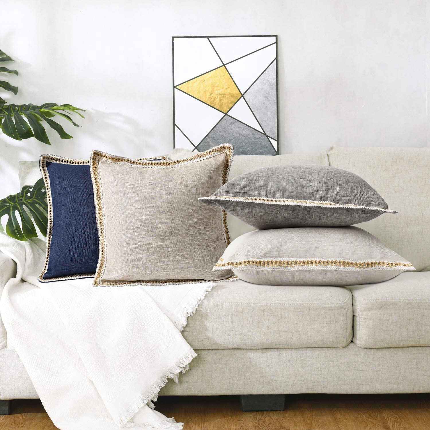 EvJk Set of 2 Gray Throw Pillow Covers Vintage Linen Trimmed Cushion Covers, 18"x18"