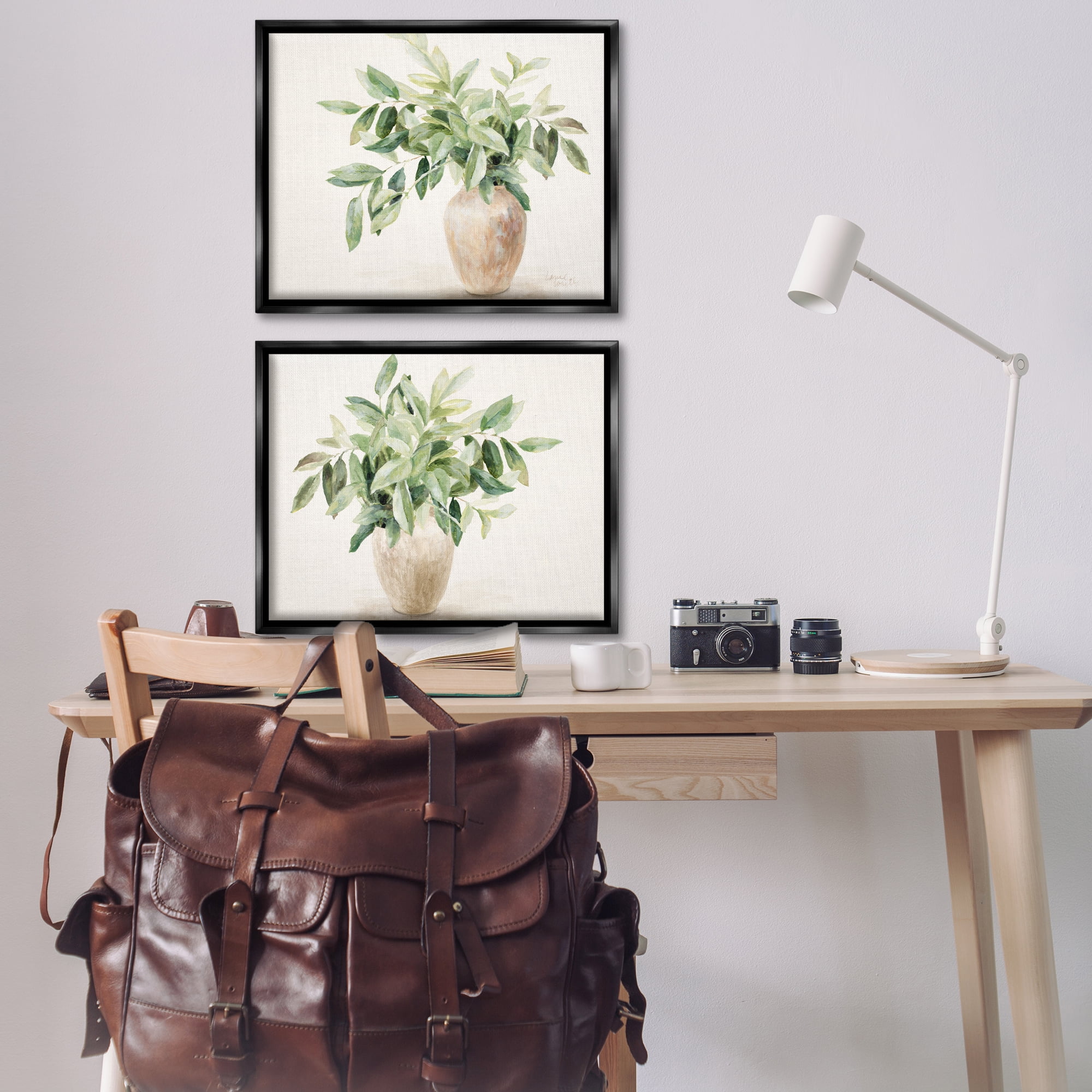 Stupell Industries Vase of Hardy Green Foliage Plants & Flowers Painting Black Floater Framed Canvas Art Print Wall Art, 31 x 25, Set of 2