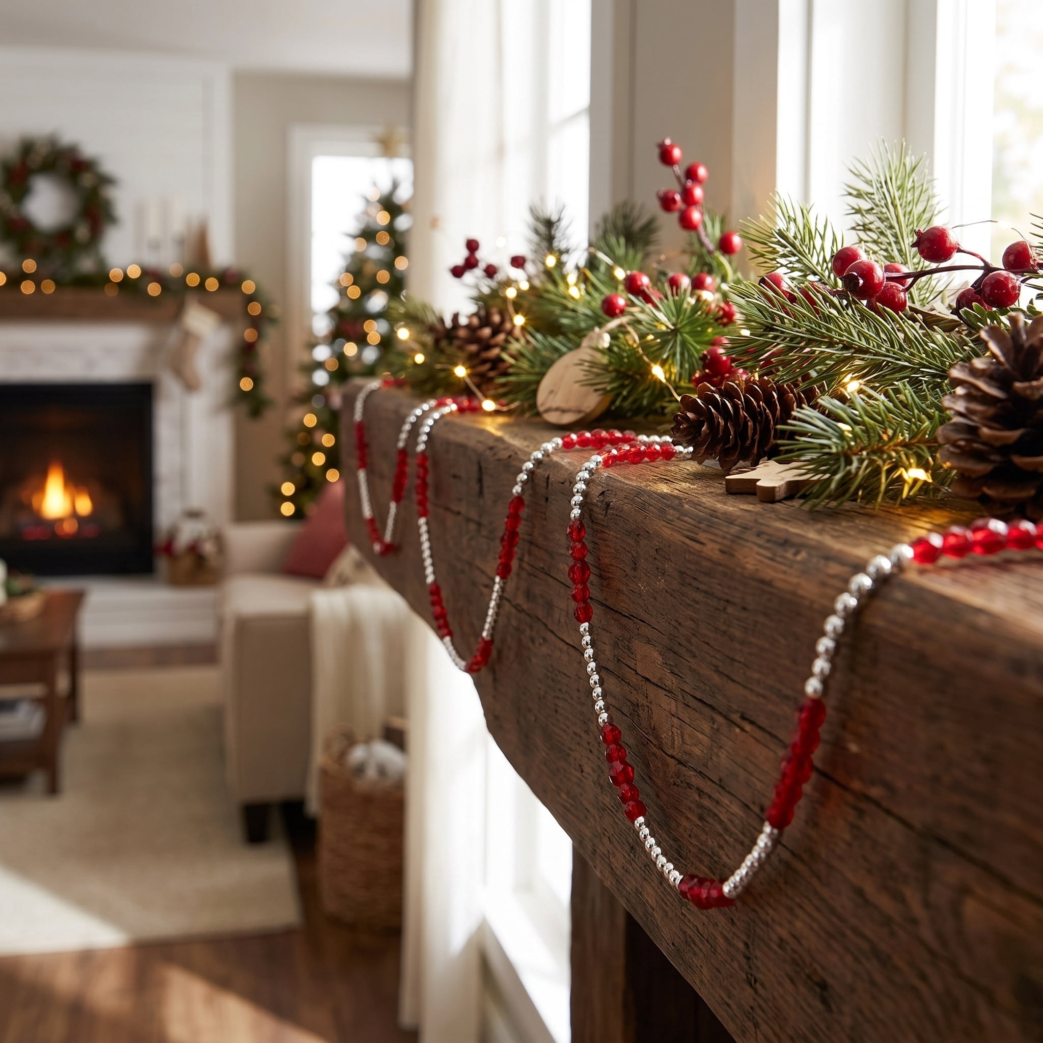 Plastic Bead Mini Christmas Garland, Red and Silver, 6', by Holiday Time