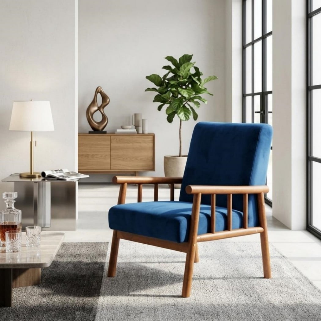 Mid Century Modern Accent Chair, 25" Wide Upholstered Armchair with Solid Wood Frame, Padded Seat & Arms, Black Velvet Lounge Chair for Living Room & Bedroom, Dark Blue