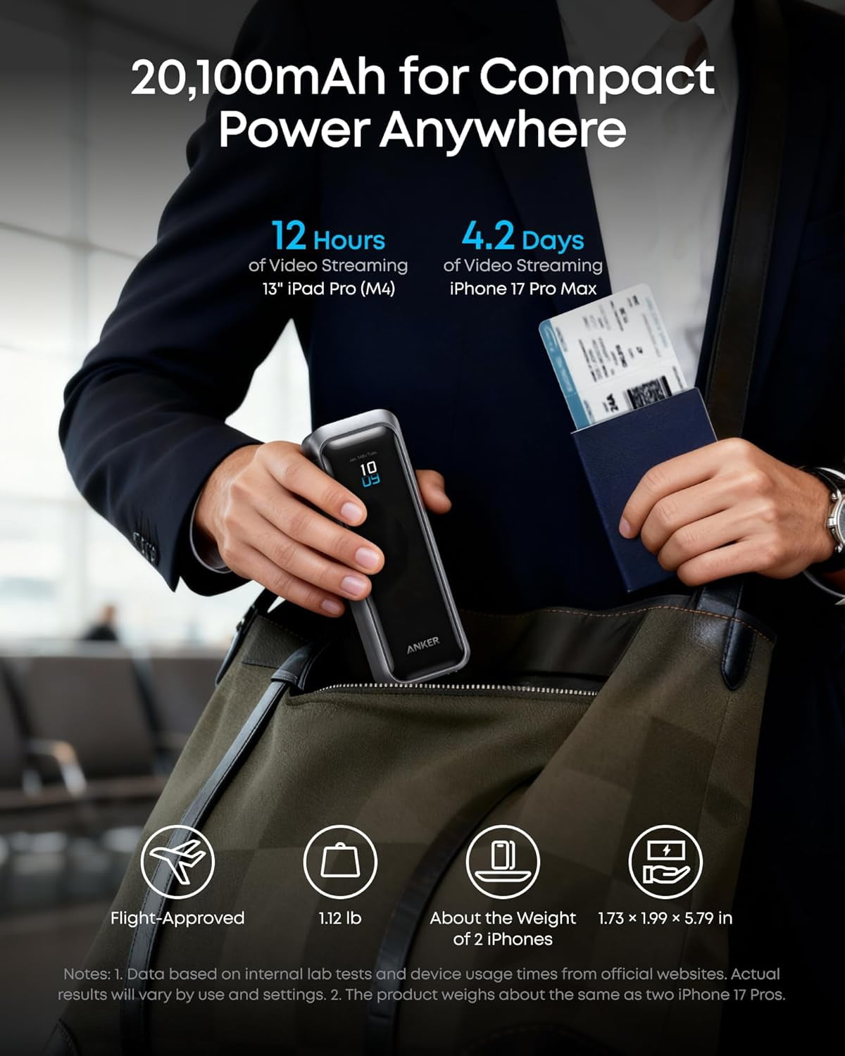 Anker Prime Power Bank, 20,100mAh 3-Port Portable Charger with 220W Max Output, Two-Way Charging, TSA-Approved, App Control, Compatible for MacBook, iPhone 17/16 Series, and More (Base Not Included)