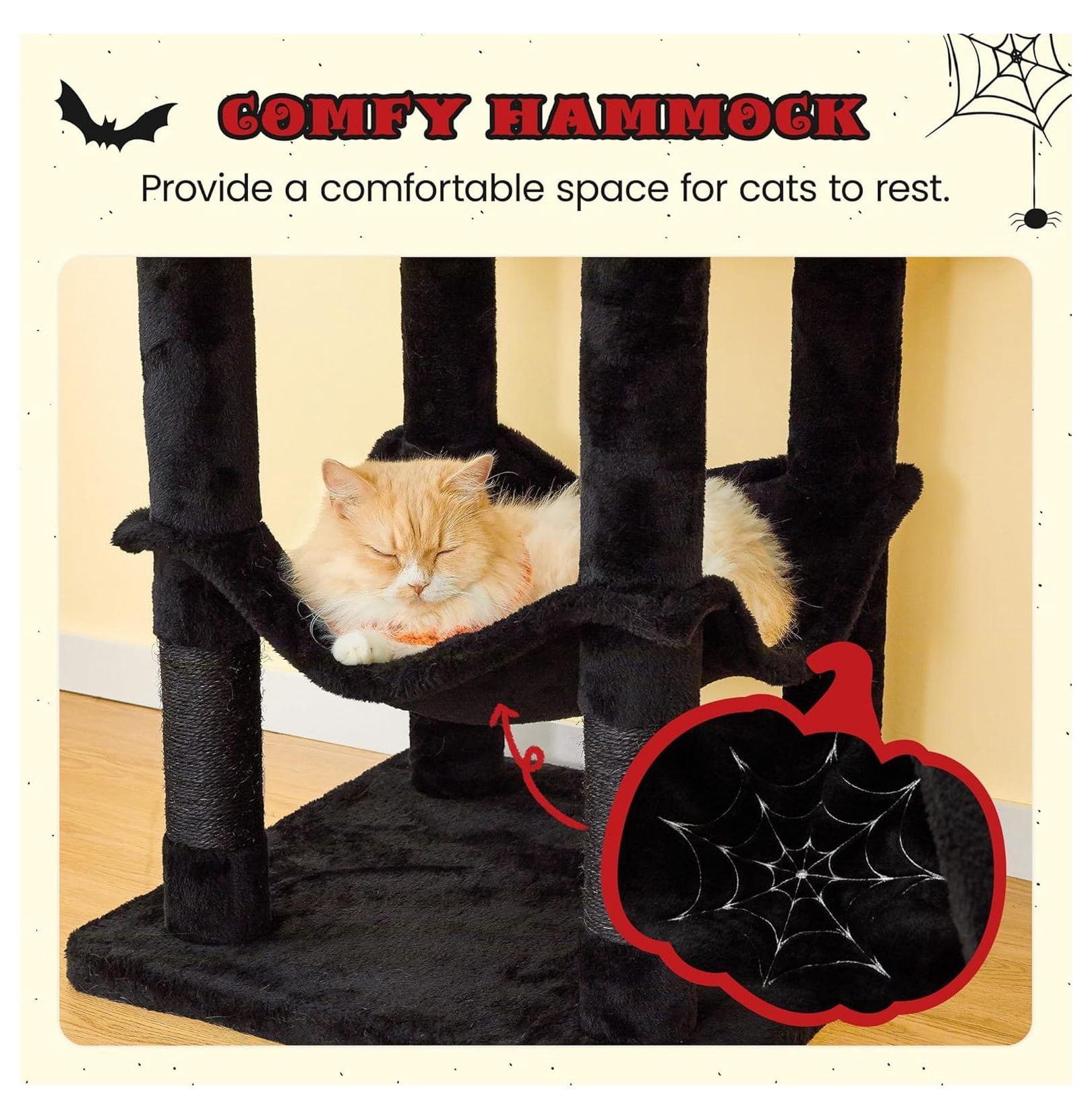 Gothic Cat Tree for Indoor Cats, 63.8" Multi-Level Tower - Black Cat Condo with Sisal Scratching Posts, Hammock & Bat Toys