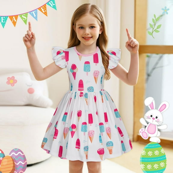 Conairie Easter Dress for Girl Ruffle Short Sleeve A-Line Dress Cute Cartoon Print Kids Summer Party Sundress Casual Outfit Clothes