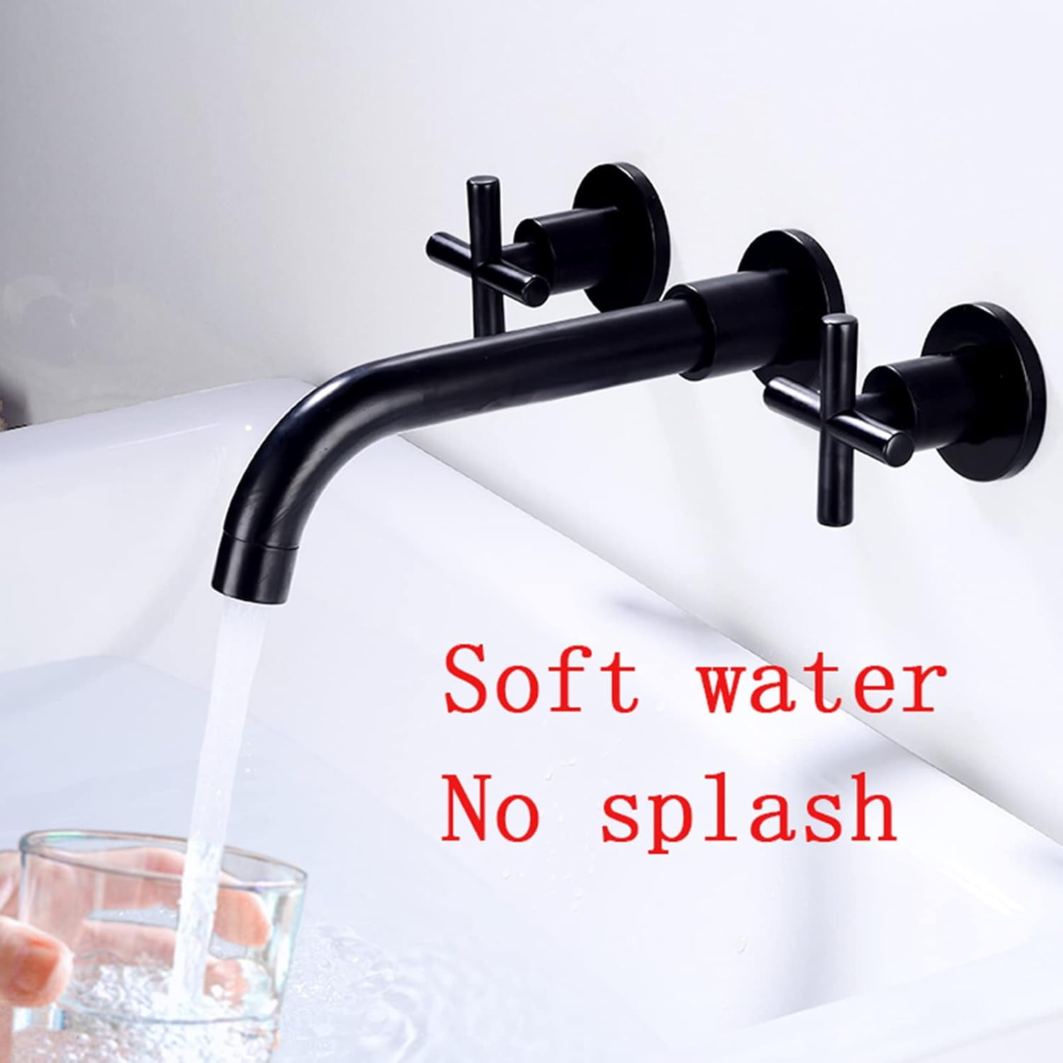 Wall Mounted Bathroom Sink Faucet, Solid Brass, 360 Swivel Spout Sink Faucet, Double Cross Handles, Wall Mount Bathroom Faucet, Black