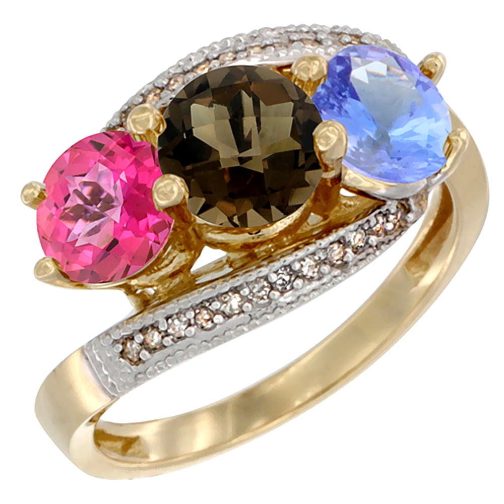14K Yellow Gold Natural Pink Topaz, Smoky Topaz & Tanzanite 3 stone Ring Round 6mm Diamond Accent, size 6.5 by Gabriella Gold