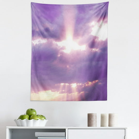 Landscape Tapestry, Sunburst on Cloudy Sky Rainy Weather Romantic View Valentin's Day Picture Print, Fabric Wall Hanging Decor for Bedroom Living Room Dorm, 5 Sizes, Purple White, by Ambesonne
