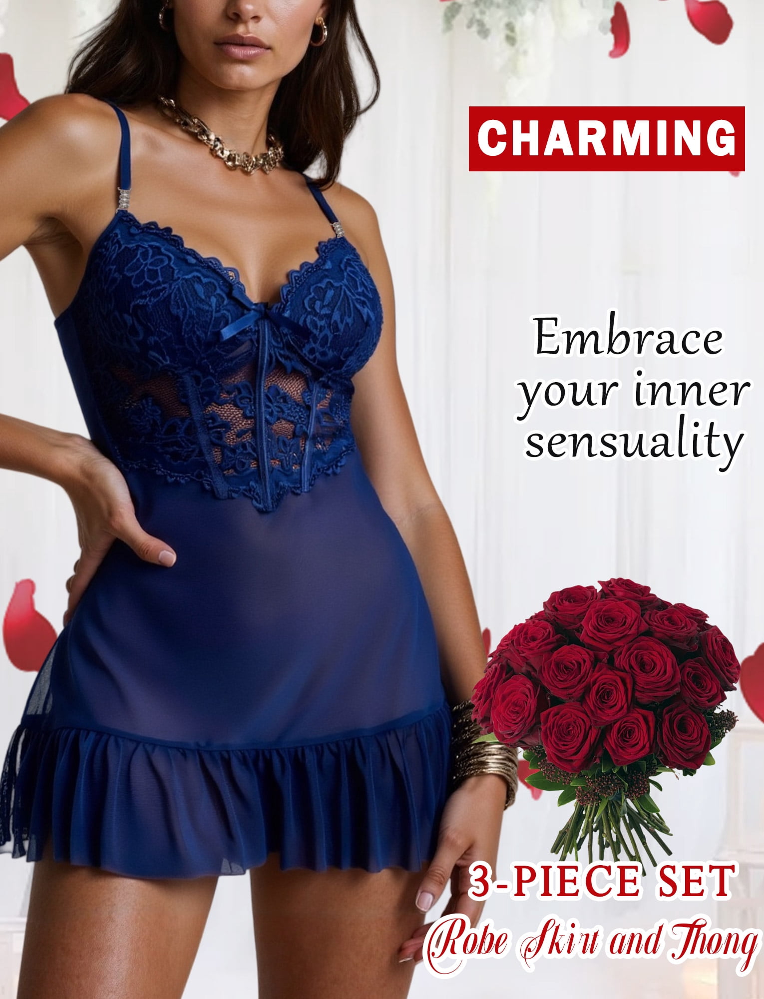 Aivtalk Lingerie Sets for Women Sexy 2 Piece Lace Mesh Kimono Robe Cami Nightgown Long Sleeve Robe Sheer Ruffled Babydoll Strap Chemise Sleepwear Pajamas Sets Blue S