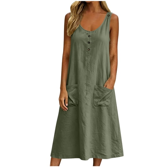Eawtki Women's Scoop Neck Sleeveless Midi Dress Partial Button With Pockets Loose Fit Casual Linen Blend Summer Dress