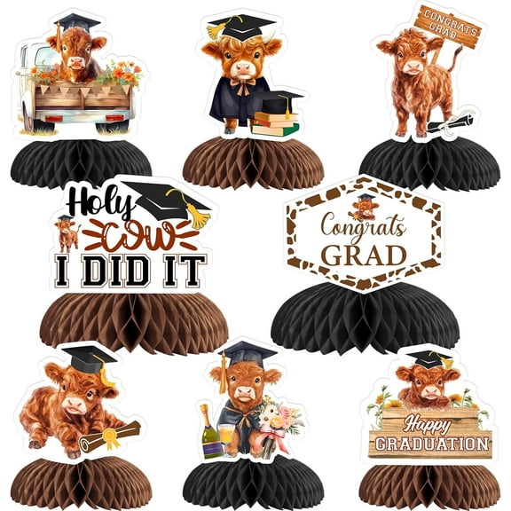 Funmemoir Highland Cow Graduation Decoration 2025-8PCS Highland Cow Honeycomb Centerpieces, Holly Cow I Did It Farm Animal Cattle Class of 2025 Congrats Grad Graduation Party Decorations