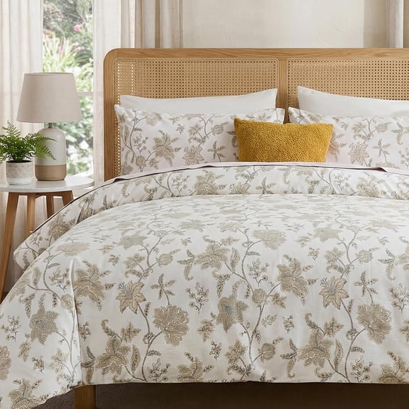 100% Cotton Duvet Cover , Yellow Floral Bedding Set with Zipper Closure, 3 Pcs Breathable and Soft Chic Botanical Duvet Cover for All Season
