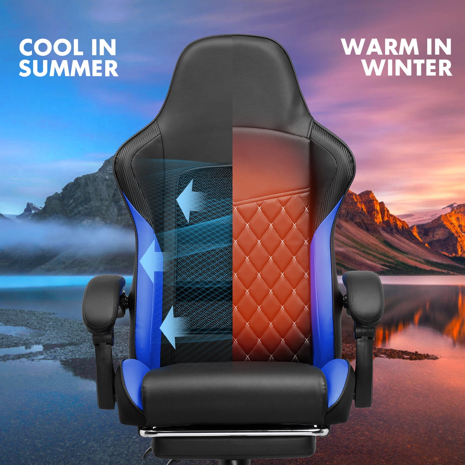 GTPLAYER High Back Faux Leather Adjustable Height Gaming Computer, Blue