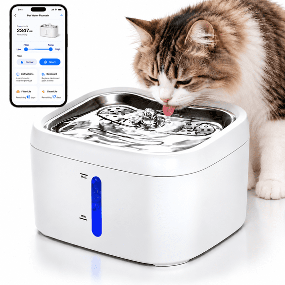 Cat Water Fountain,Cordless Cat Fountain Operated, App Monitoring 2.5L/85oz Pet Water Fountain with Stainless Steel Tray, 5GHz WiFi Dog Water Bowl Dispenser