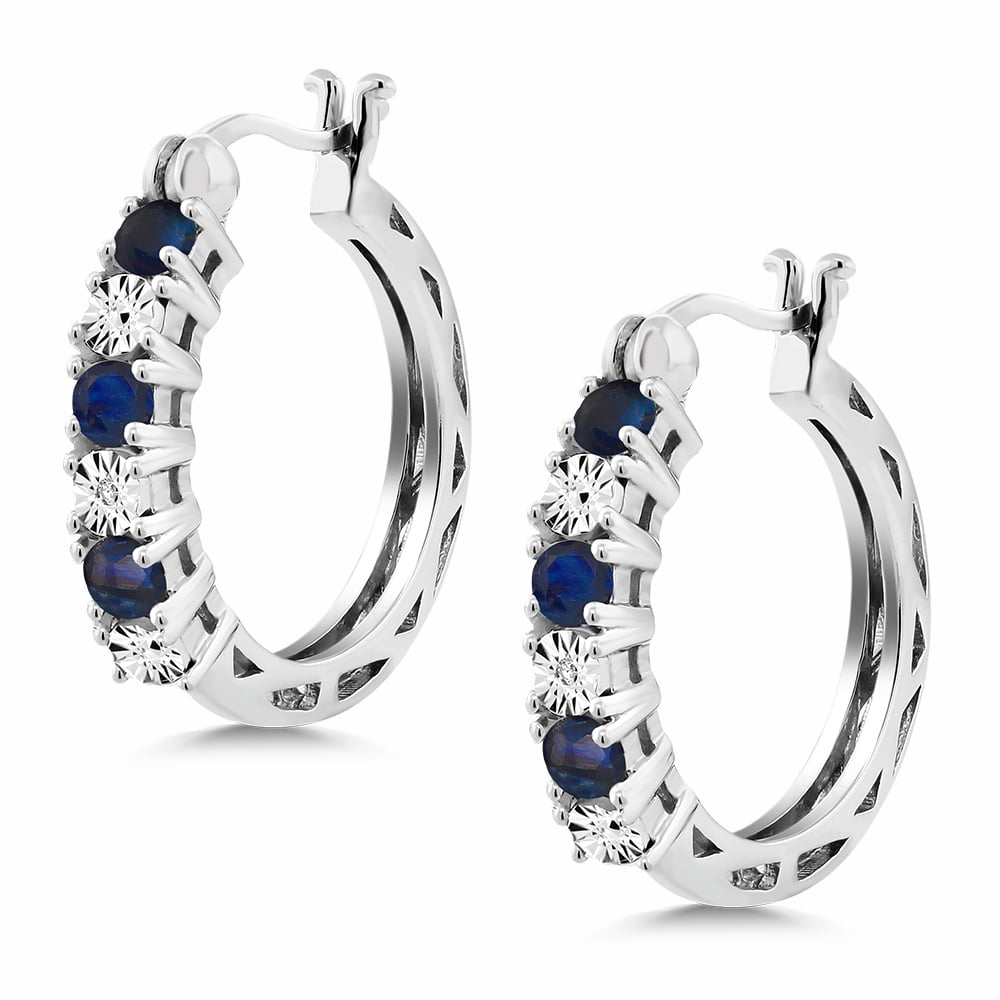 Gem Stone King 925 Sterling Silver Blue Sapphire and White Lab Grown Diamond Accent Hoop Earrings for Women (0.83 Cttw, 22MM = 0.85 inches Diameter)